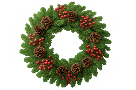 Festive pine wreath featuring textured cones, vibrant red berries, hanging against clean transparent backdrop for seasonal decor