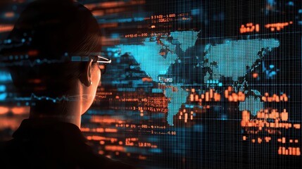 Business professional working concept. A person analyzing data visualizations on a digital interface.