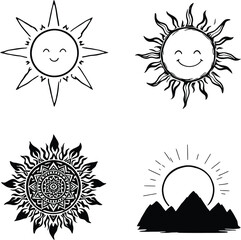 Minimalist Sun and Landscape Silhouettes Featuring Expressive Faces, Wavy Rays, Mandala Patterns, and Mountain Scenes Symbolizing Warmth, Nature, and Cosmic Rhythm in Decorative Composition