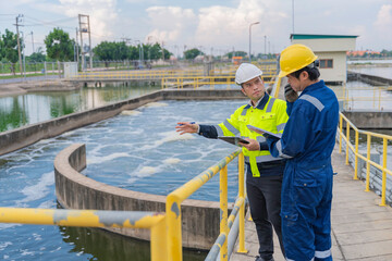 Environmental engineers work at wastewater treatment plants,Water supply engineering working at...