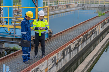 Environmental engineers work at wastewater treatment plants,Water supply engineering working at Water recycling plant for reuse,Technicians and engineers discuss work together.