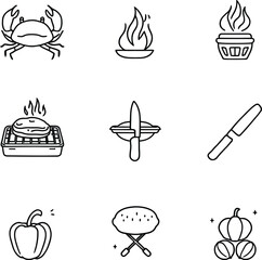 Minimalist Culinary Silhouettes Featuring Crab, Flames, Pie, Burger, and Vegetables in Whimsical Iconic Arrangement Celebrating Cooking Rituals and Food Diversity in Decorative Graphic Style