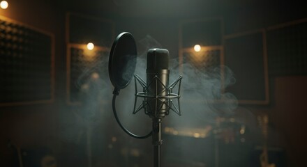 Studio microphone in recording booth with smoke