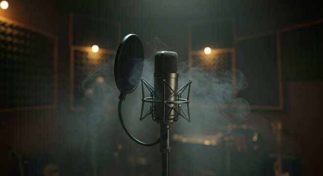 Studio microphone in recording booth with smoke