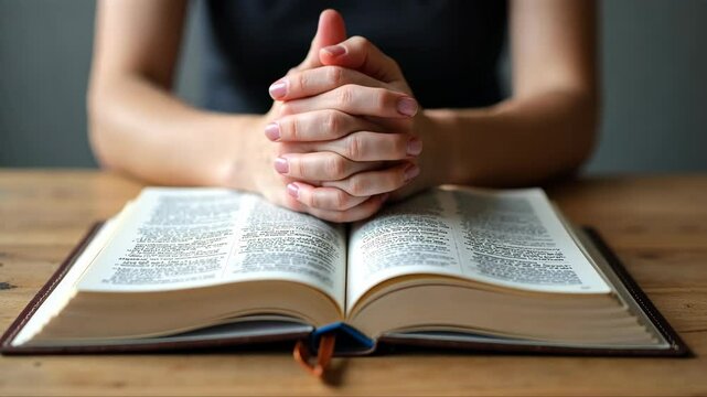Woman is praying with her hands on her lap while looking at a Bible. The woman is wearing a black dress