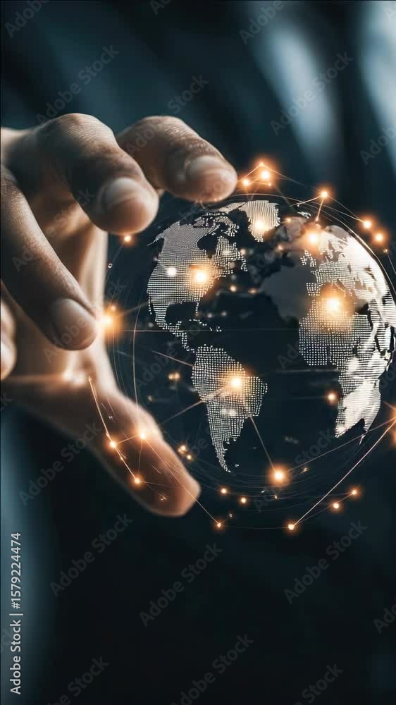 Poster hand holding glowing globe with interconnected network and lines of light
