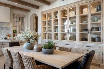 Dining area with a wooden table wicker chairs and a large cabinet filled with decorative objects