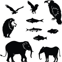 Minimalist Animal Silhouettes Featuring Birds, Elephants, Lion, and Varied Fish Forms Celebrating Nature’s Diversity and Organic Composition for Wildlife-Themed Artwork