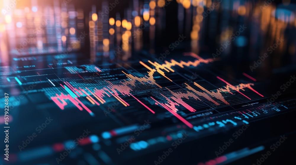 Poster data analysis visualization with colorful financial charts and digital graphs on dark background