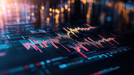 Data analysis visualization with colorful financial charts and digital graphs on dark background