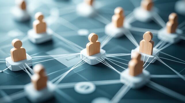 Network connectivity concept with wooden figures representing people connected by sts on a dark background