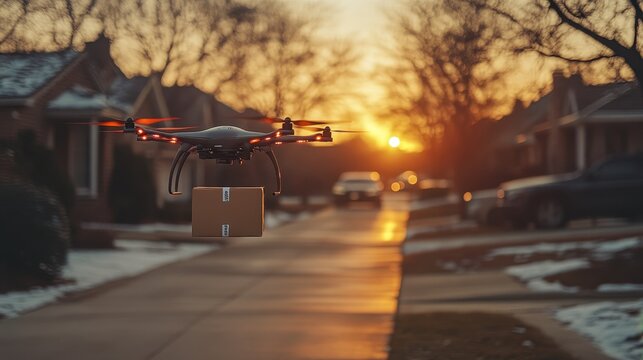 Drone Delivering Package at Sunset Over Neighborhood Street