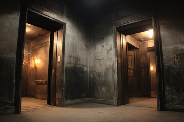Two open elevator doors in a dimly lit, grungy hallway with visible wall textures and warm interior lights