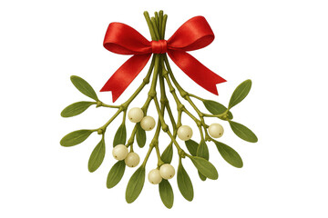 Mistletoe sprig featuring white berries, green foliage, adorned with red ribbon, symbolizing holiday charm against transparent backdrop