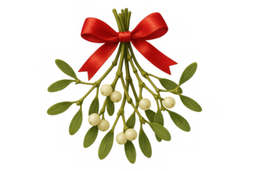 Mistletoe sprig featuring white berries, green foliage, adorned with red ribbon, symbolizing holiday charm against transparent backdrop