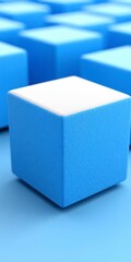 Obraz premium A single light blue textured cube in sharp focus with blurred blue cubes receding into the background