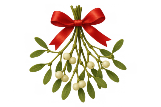 Mistletoe sprig featuring white berries, green foliage, adorned with red ribbon, symbolizing holiday charm against transparent backdrop