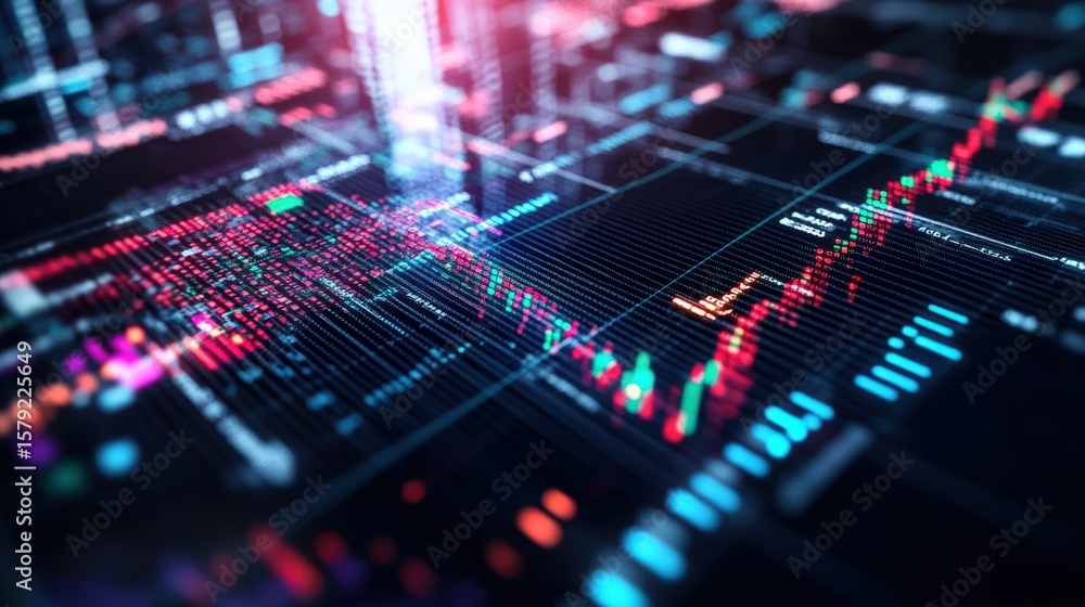 Poster digital stock market chart with colorful upward trend lines and data visualization elements on dark 