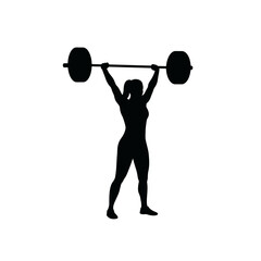 Silhouette of Female Weightlifter: A powerful silhouette of a woman weightlifter lifting barbell overhead against white in a striking black and gym design.