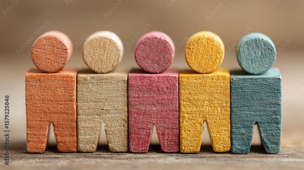 Poster a charming assembly of wooden figures representing team dynamics and agile collaboration in a modula