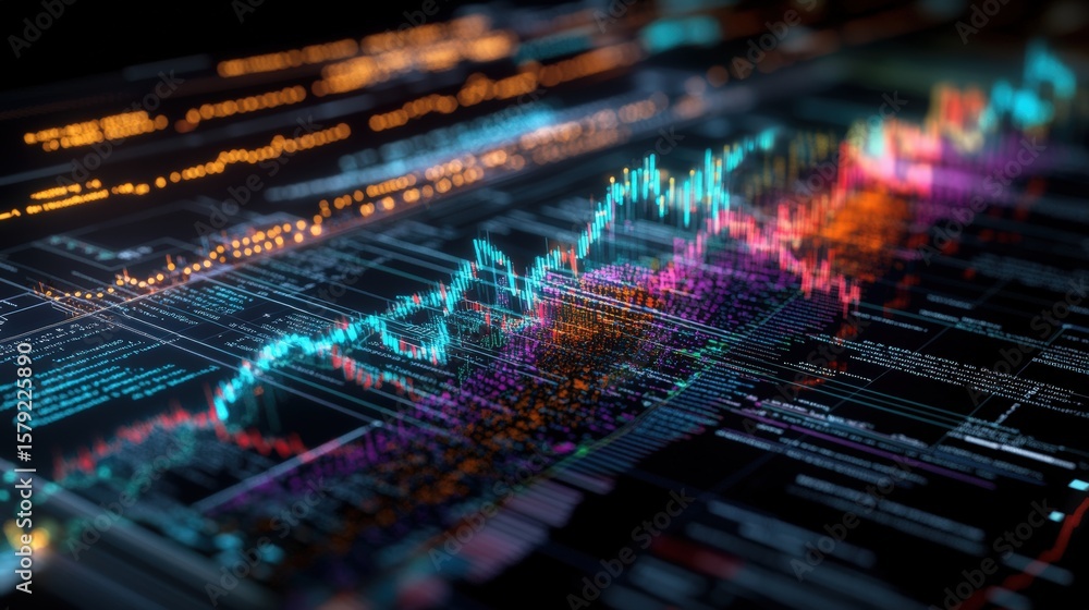 Poster digital financial chart analysis with colorful glowing line graphs and data visualization technology