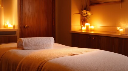 Serene spa treatment room with soft lighting, massage table prepared, candles glowing, relaxing ambiance