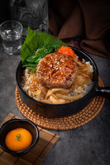 Asian Comfort Food Photography,  japanese grilled pork rice bowl, grilled minced pork rice with sauce, japanese pork rice bowl onsen style"