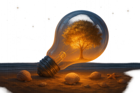 Massive transparent lightbulb resting on the sand with a glowing tree growing inside, surrounded by seashells and stars at dusk.