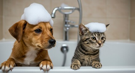 Two pets, a dog and a cat, in a bathtub with suds on their heads