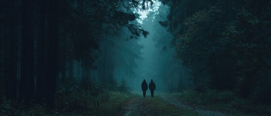 Fototapeta premium Two figures walk down a misty path in a dark forest with trees overhead and fog in the distance
