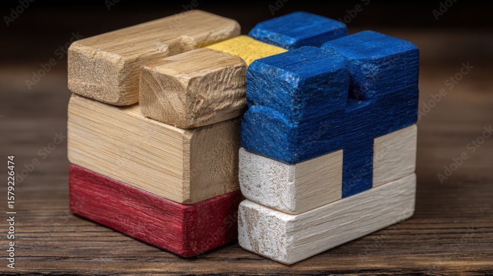 Poster wooden block decorated with a blue bow symbolizing business cohesion model concept in abstract visua