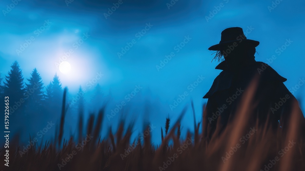 Poster silhouette of a mysterious figure in a foggy field at dusk with a full moon in the background