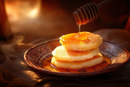 Delicious moroccan baghrir pancakes with honey for breakfast delight