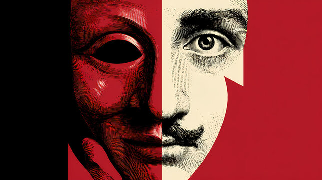 Vector theatrical mask partially overlaying flat human face in central layout