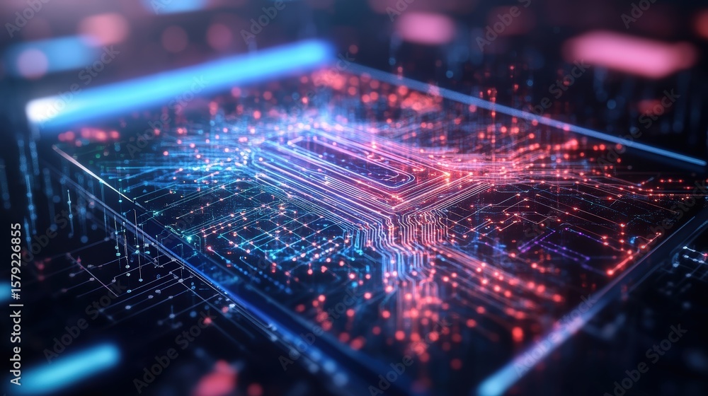 Poster futuristic digital circuit board with glowing microchips and neon data lines in a high-tech environm