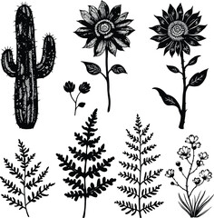Silhouettes of Botanical Character and Organic Rhythm: A Minimalist Quartet Featuring Cactus, Sunflower, Fern, and Delicate Wildflower—Each Celebrating Form, Resilience, and Natural Harmony