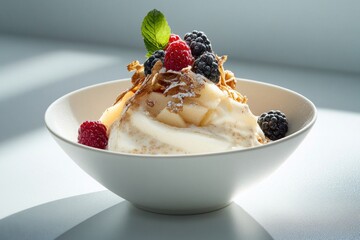 Delicious breakfast with swiss bircher muesli and fresh berries in a bowl