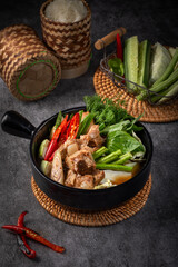 Thai Traditional Herbal Cuisine, northeastern thai pork soup, pork herb soup with vegetables, pork herb soup traditional thai style