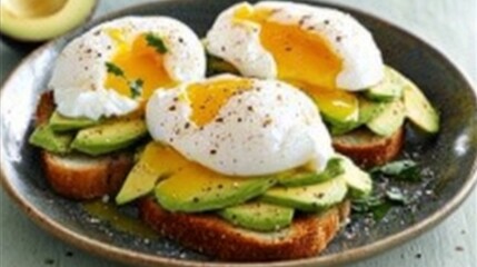 Poached eggs on avocado toast.  A healthy breakfast with sliced avocado, poached eggs, and toast