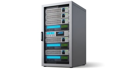 Network server rack with multiple servers and glowing blue lights isolated