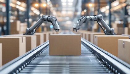 cardboard box lined up on production conveyor belt with robotic arm in hi tech automated factory