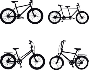 Silhouettes of Wheeled Journeys: A Minimalist Quartet Depicting Mountain, Tandem, Folding, and BMX Bikes—Each Celebrating Motion, Purpose, and Lifestyle Variety