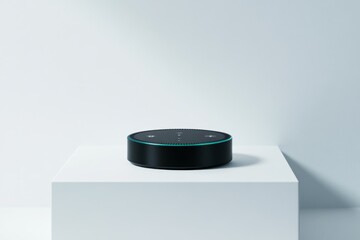 Voice assistant device on minimalist white platform for smart home integration