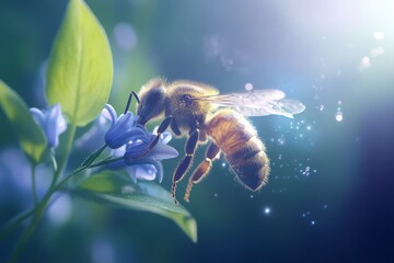 Naklejka premium Macro image of a bee collecting nectar from blue flowers in a natural setting