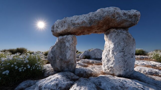 Ancient stone dolmen structure under bright sun and clear blue sky with wildflowers