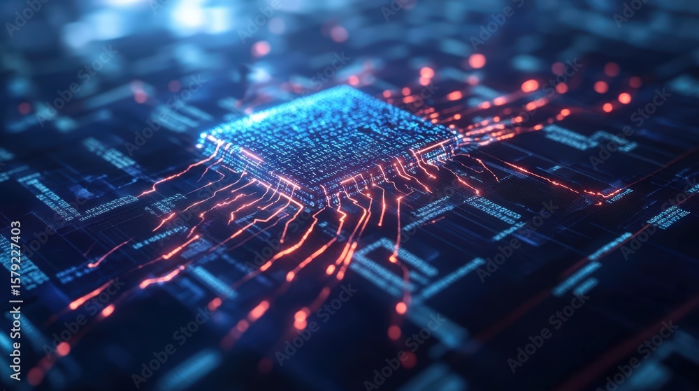 Poster advanced digital circuit with glowing microchip on electronic circuit board in futuristic technology