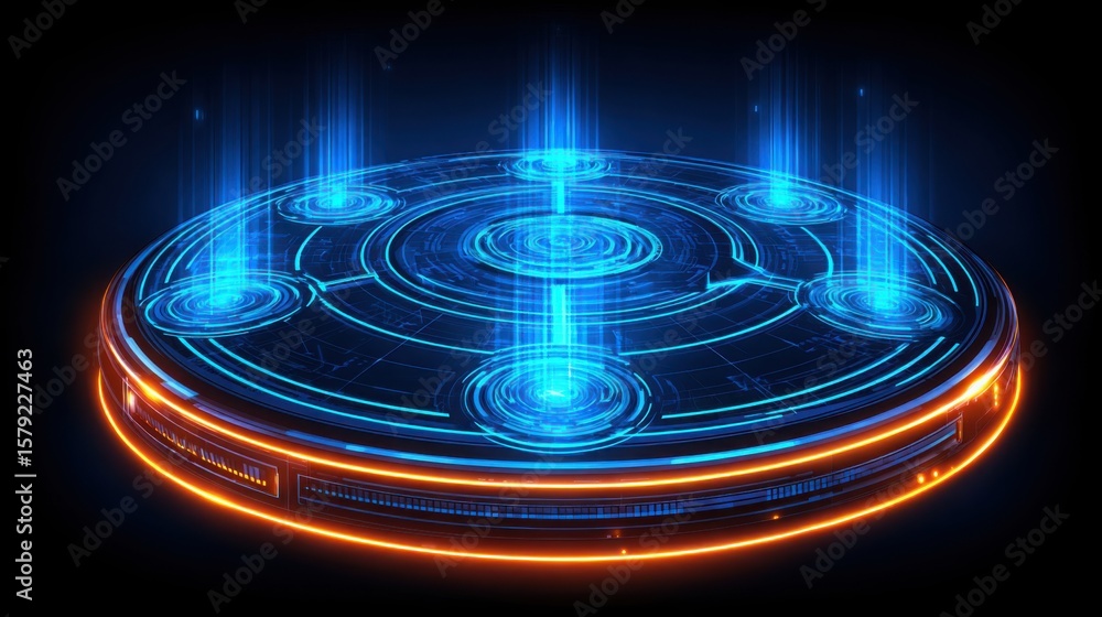 Poster vibrant blue and orange glowing disk creating an eye-catching visual representation of circular arro