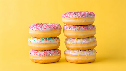 Stacked donuts with sprinkles yellow background