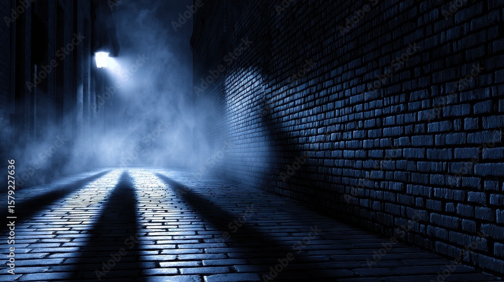 Poster mysterious dimly lit alleyway at night with shadows and fog creating an eerie atmosphere
