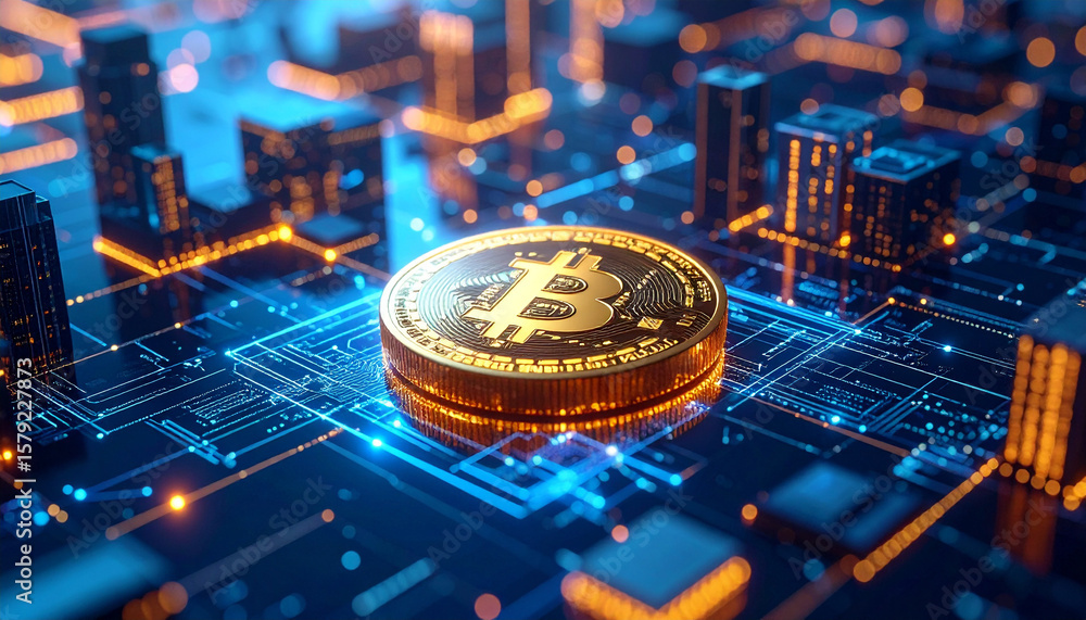 Poster bitcoin on circuit board: a shiny bitcoin rests atop a glowing circuit board, symbolizing the inters